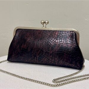 Genuine Embossed Leather Handmade Large Kisslock Clutch Bag Includes 2 Chains